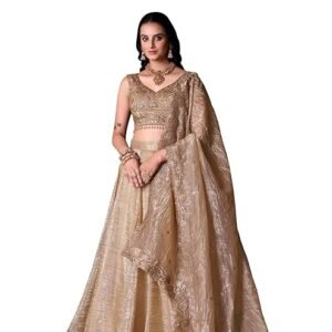 gold lehenga in crushed fabric with thread