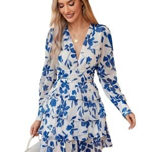 v neck floral print ruffle long sleeve